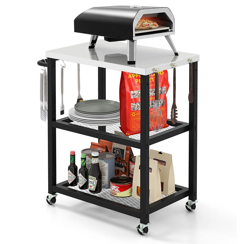 3-Tier Foldable Outdoor Stainless Steel Food Prepare Dining Cart Table on Wheels-Black