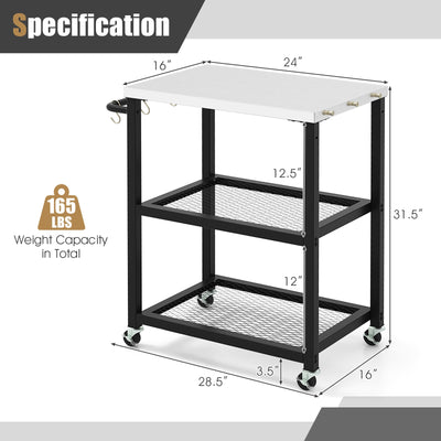 3-Tier Foldable Outdoor Stainless Steel Food Prepare Dining Cart Table on Wheels-Black