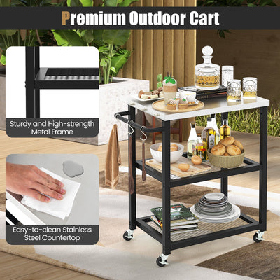 3-Tier Foldable Outdoor Stainless Steel Food Prepare Dining Cart Table on Wheels-Black