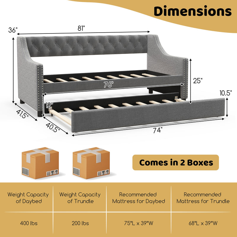 Twin Size Daybed with Trundle Sofa Bed with Curved Armrests and Backrest-Gray
