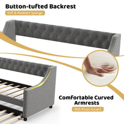 Twin Size Daybed with Trundle Sofa Bed with Curved Armrests and Backrest-Gray