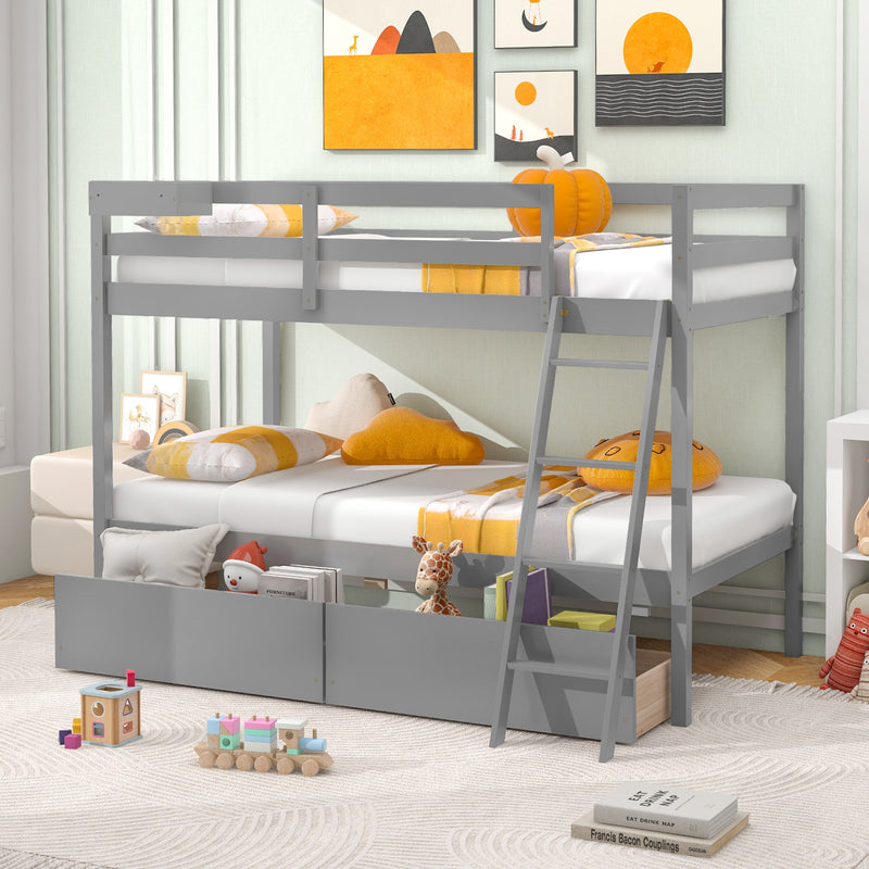 Twin Over Twin Bunk Bed Wood Bed Frame with 2 Storage Drawers and Ladder-Gray