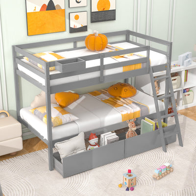 Twin Over Twin Bunk Bed Wood Bed Frame with 2 Storage Drawers and Ladder-Gray