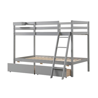 Twin Over Twin Bunk Bed Wood Bed Frame with 2 Storage Drawers and Ladder-Gray