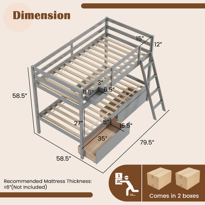 Twin Over Twin Bunk Bed Wood Bed Frame with 2 Storage Drawers and Ladder-Gray