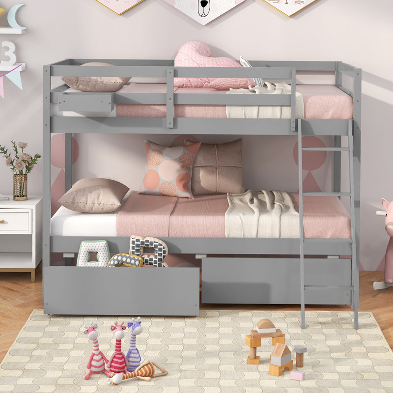 Twin Over Twin Bunk Bed Wood Bed Frame with 2 Storage Drawers and Ladder-Gray