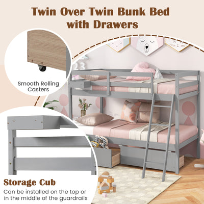 Twin Over Twin Bunk Bed Wood Bed Frame with 2 Storage Drawers and Ladder-Gray