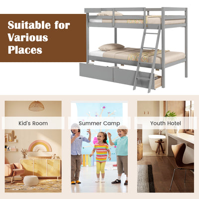 Twin Over Twin Bunk Bed Wood Bed Frame with 2 Storage Drawers and Ladder-Gray