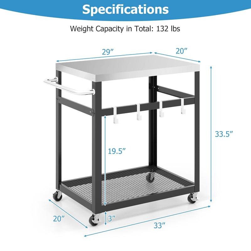 2-Tier Stainless Steel Grill Cart with 4 Hooks and Wheels BBQ Table-Black