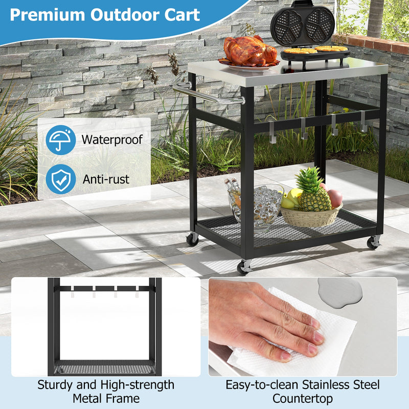 2-Tier Stainless Steel Grill Cart with 4 Hooks and Wheels BBQ Table-Black