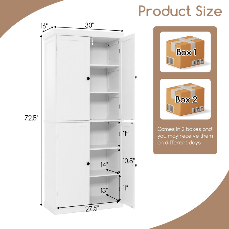 72.5” Tall Buffet Cabinet with 6-Tier Shelves and 4 Doors-White