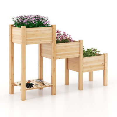 3-Tier Wooden Raised Garden Bed with Open Storage Shelf-Natural