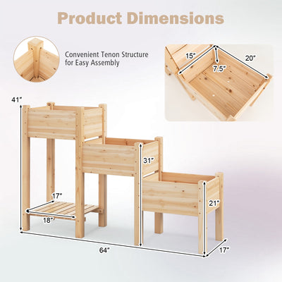 3-Tier Wooden Raised Garden Bed with Open Storage Shelf-Natural