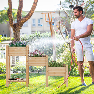 3-Tier Wooden Raised Garden Bed with Open Storage Shelf-Natural