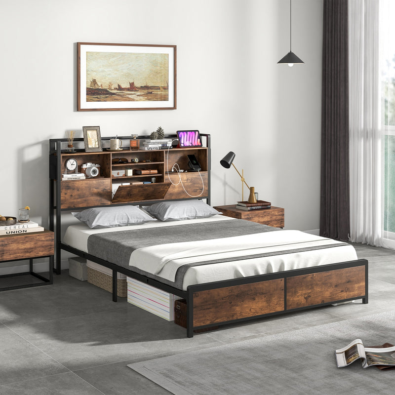 Full/Queen Size Bed Frame with 3-Tier Bookcase Headboard and Charging Station-Queen Size