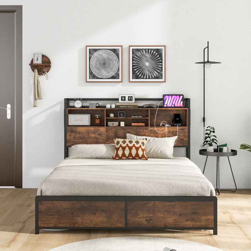 Full/Queen Size Bed Frame with 3-Tier Bookcase Headboard and Charging Station-Queen Size