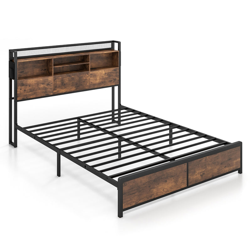 Full/Queen Size Bed Frame with 3-Tier Bookcase Headboard and Charging Station-Queen Size