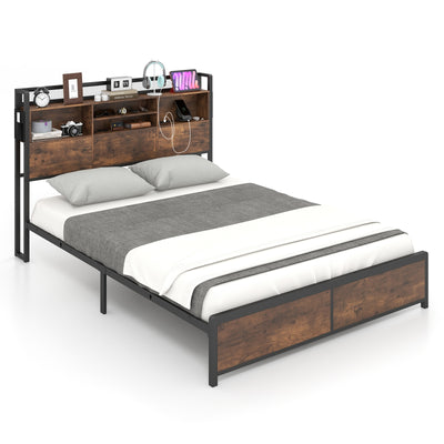 Full/Queen Size Bed Frame with 3-Tier Bookcase Headboard and Charging Station-Queen Size