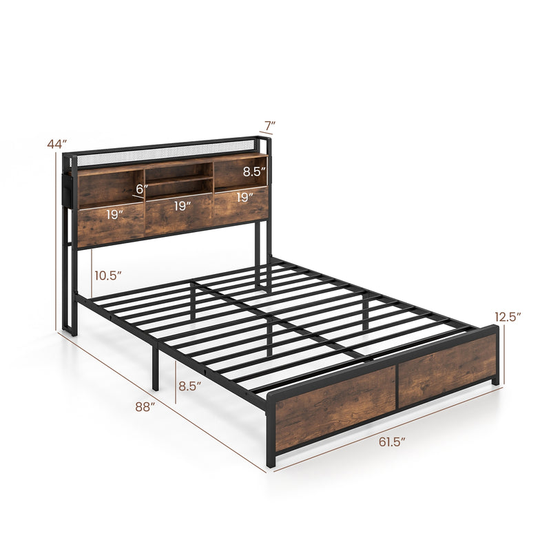 Full/Queen Size Bed Frame with 3-Tier Bookcase Headboard and Charging Station-Queen Size