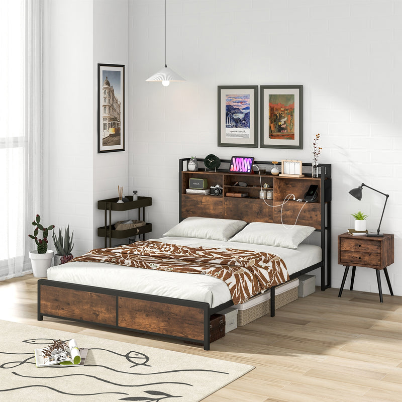 Full/Queen Size Bed Frame with 3-Tier Bookcase Headboard and Charging Station-Queen Size