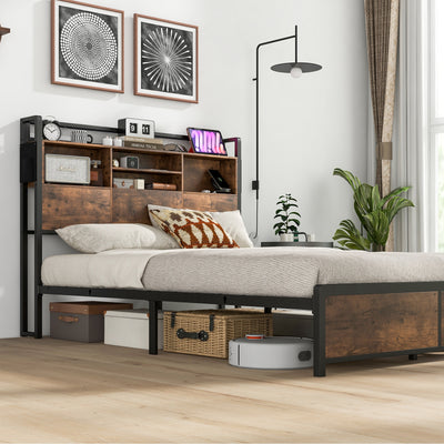 Full/Queen Size Bed Frame with 3-Tier Bookcase Headboard and Charging Station-Queen Size