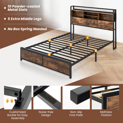 Full/Queen Size Bed Frame with 3-Tier Bookcase Headboard and Charging Station-Queen Size