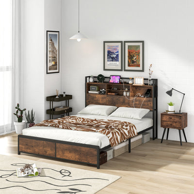 Full/Queen Size Bed Frame with 3-Tier Bookcase Headboard and Charging Station-Full Size