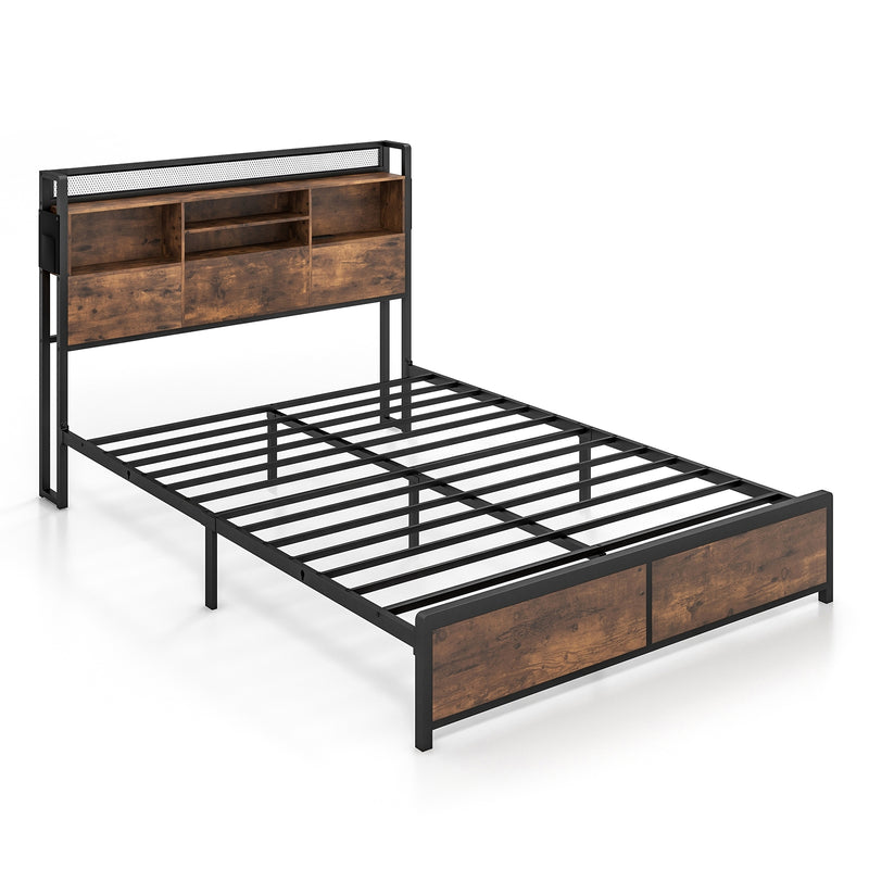 Full/Queen Size Bed Frame with 3-Tier Bookcase Headboard and Charging Station-Full Size