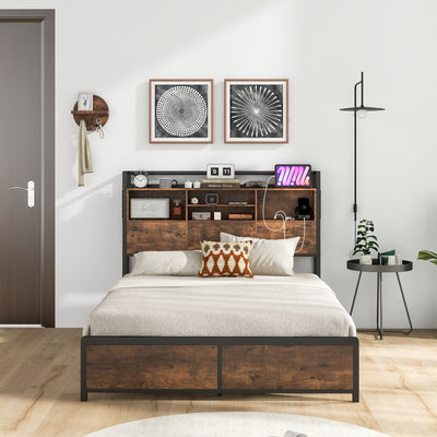 Full/Queen Size Bed Frame with 3-Tier Bookcase Headboard and Charging Station-Full Size