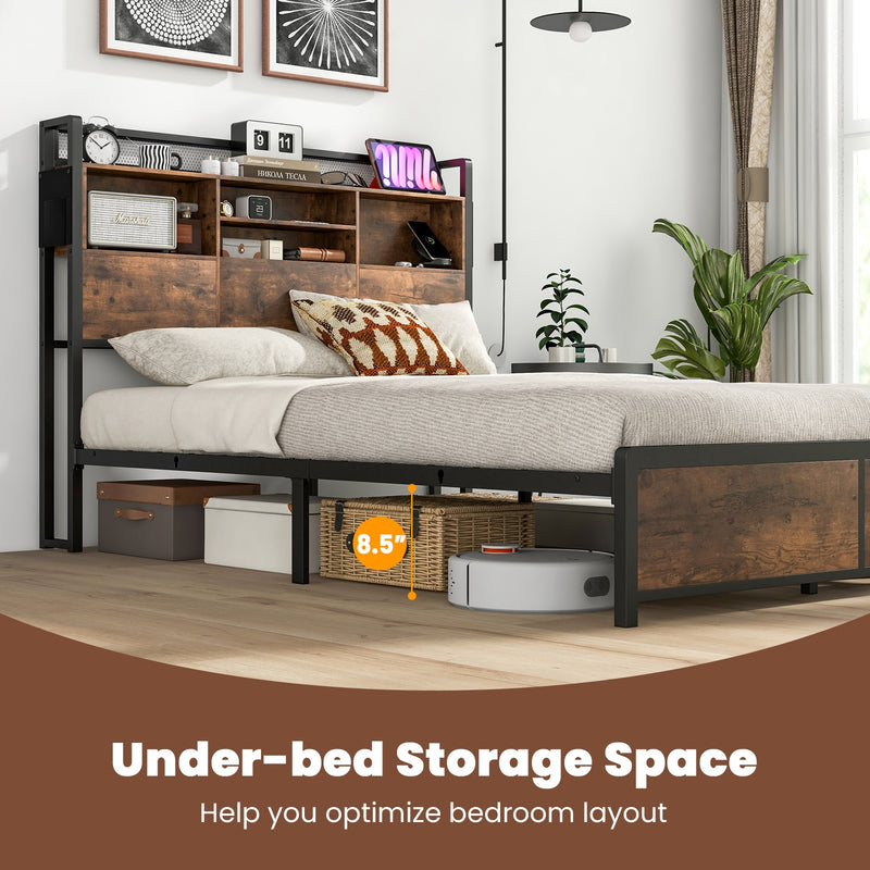 Full/Queen Size Bed Frame with 3-Tier Bookcase Headboard and Charging Station-Full Size