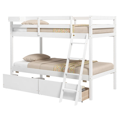 Twin Over Twin Bunk Bed Wood Bed Frame with 2 Storage Drawers and Ladder-White