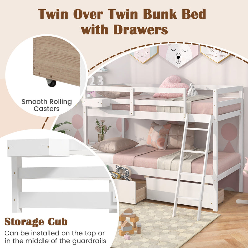 Twin Over Twin Bunk Bed Wood Bed Frame with 2 Storage Drawers and Ladder-White