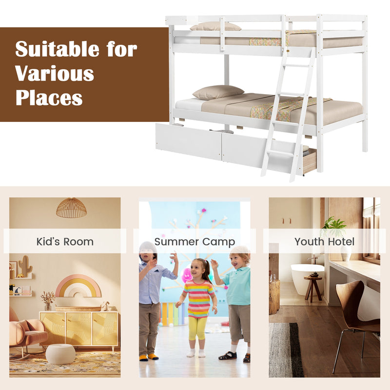 Twin Over Twin Bunk Bed Wood Bed Frame with 2 Storage Drawers and Ladder-White