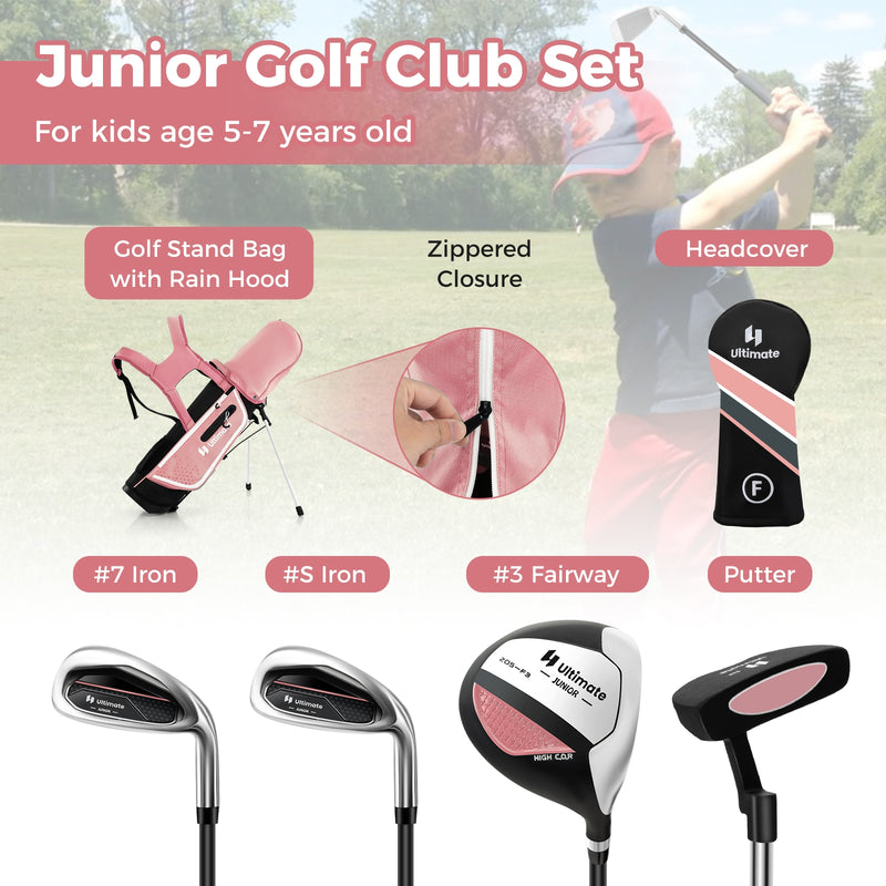 Junior Complete Golf Club Set Right Hand with Rain Hood for Kids-Pink