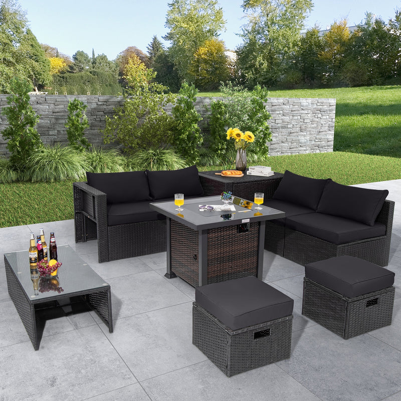 9 Pieces Patio Furniture Set with 32” Fire Pit Table and 50000 BTU Square Propane Fire Pit-Black