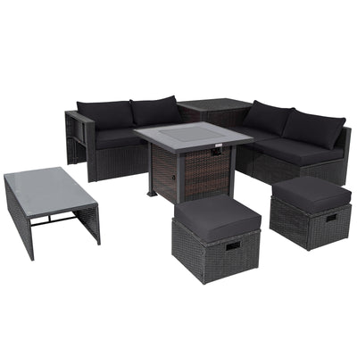 9 Pieces Patio Furniture Set with 32” Fire Pit Table and 50000 BTU Square Propane Fire Pit-Black