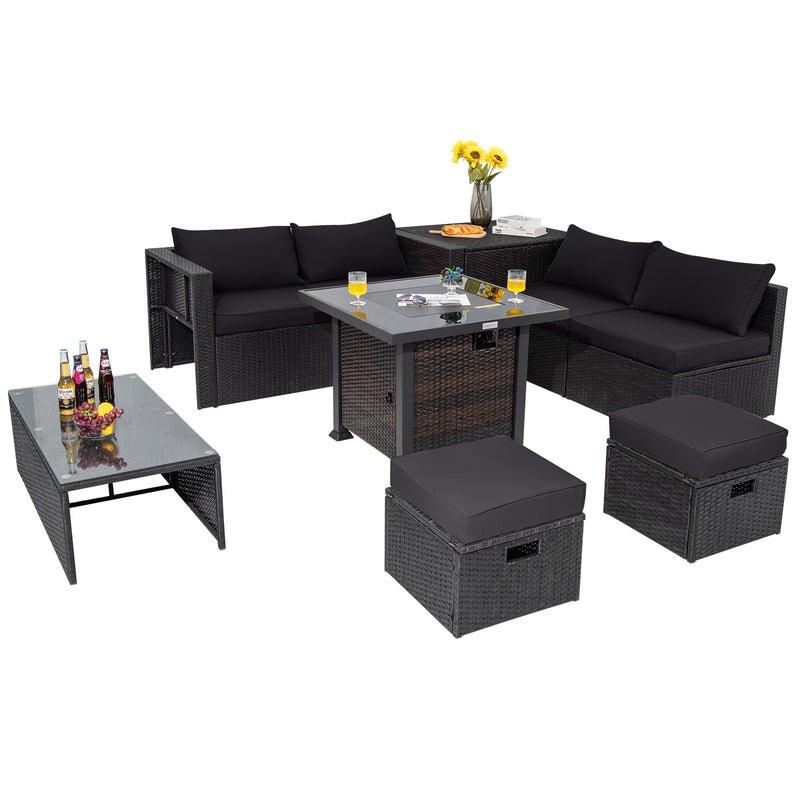 9 Pieces Patio Furniture Set with 32” Fire Pit Table and 50000 BTU Square Propane Fire Pit-Black