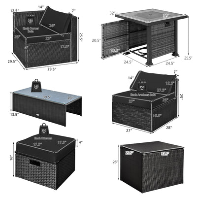 9 Pieces Patio Furniture Set with 32” Fire Pit Table and 50000 BTU Square Propane Fire Pit-Black