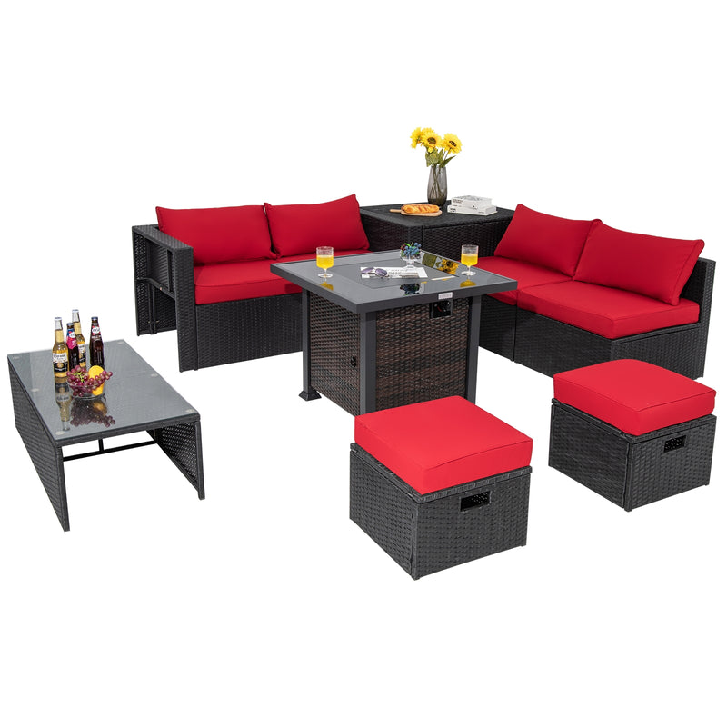 9 Pieces Patio Furniture Set with 32” Fire Pit Table and 50000 BTU Square Propane Fire Pit-Red