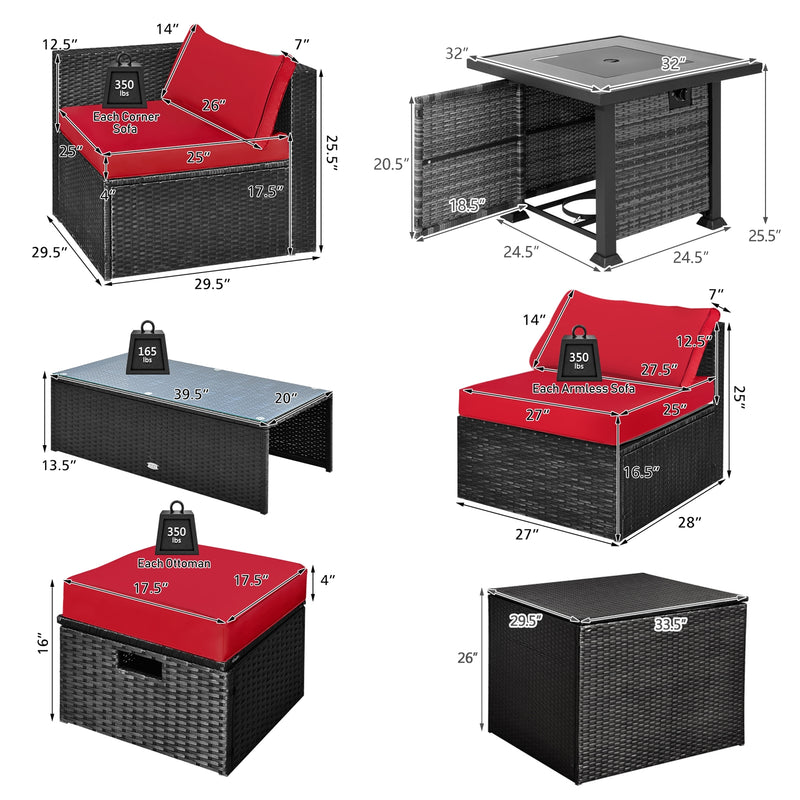 9 Pieces Patio Furniture Set with 32” Fire Pit Table and 50000 BTU Square Propane Fire Pit-Red