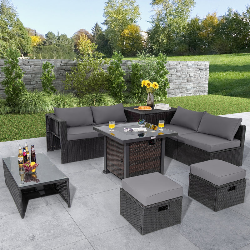 9 Pieces Patio Furniture Set with 32” Fire Pit Table and 50000 BTU Square Propane Fire Pit-Gray