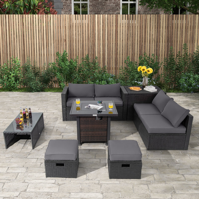 9 Pieces Patio Furniture Set with 32” Fire Pit Table and 50000 BTU Square Propane Fire Pit-Gray