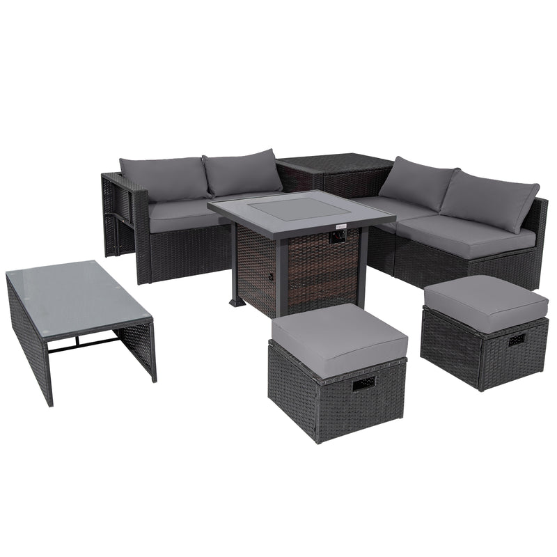 9 Pieces Patio Furniture Set with 32” Fire Pit Table and 50000 BTU Square Propane Fire Pit-Gray