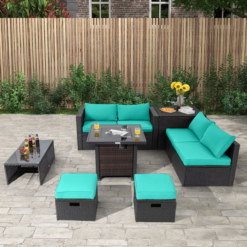 9 Pieces Patio Furniture Set with 32” Fire Pit Table and 50000 BTU Square Propane Fire Pit-Turquoise