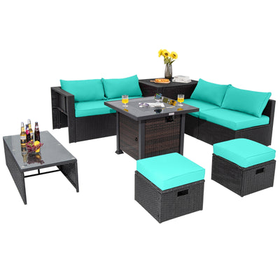 9 Pieces Patio Furniture Set with 32” Fire Pit Table and 50000 BTU Square Propane Fire Pit-Turquoise