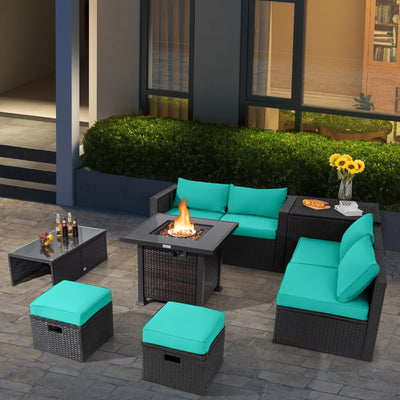 9 Pieces Patio Furniture Set with 32” Fire Pit Table and 50000 BTU Square Propane Fire Pit-Turquoise