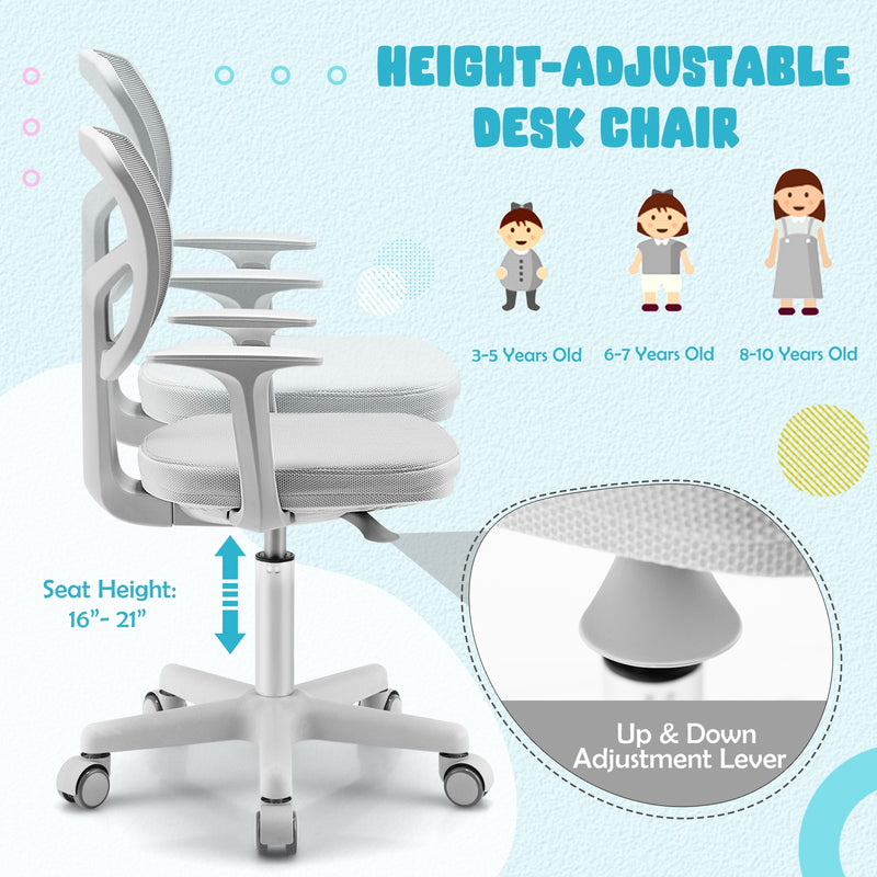 Adjustable Desk Chair with 5 Rolling Casters for Kids-Gray