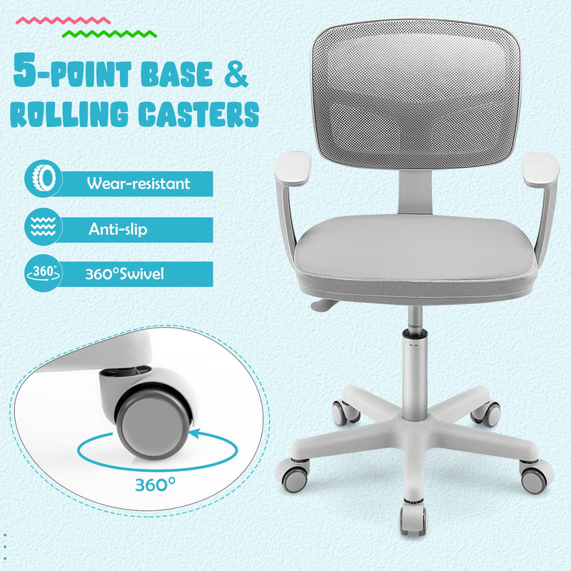 Adjustable Desk Chair with 5 Rolling Casters for Kids-Gray