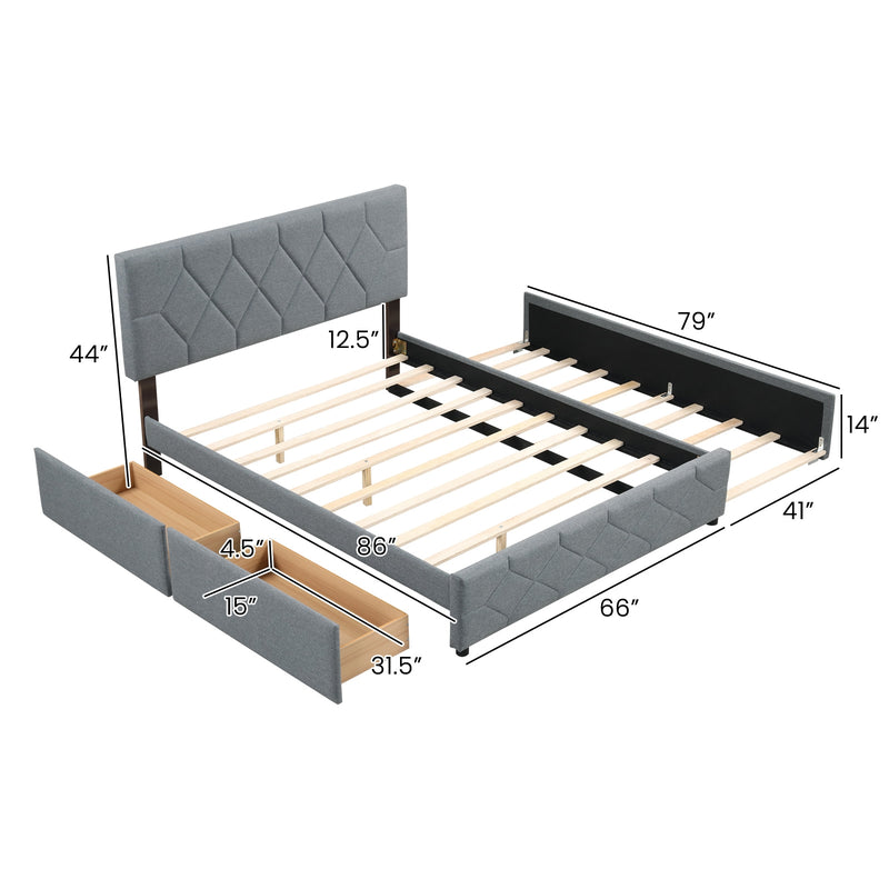 Queen Upholstered Platform Bed with Trundle and 2 Drawers No Box Spring Needed Noise Free-Gray