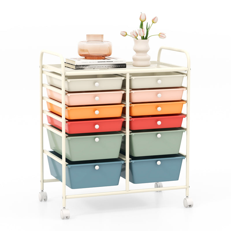 12 Drawers Rolling Storage Cart with Metal Frame and Lockable Wheels-Deep Multicolor